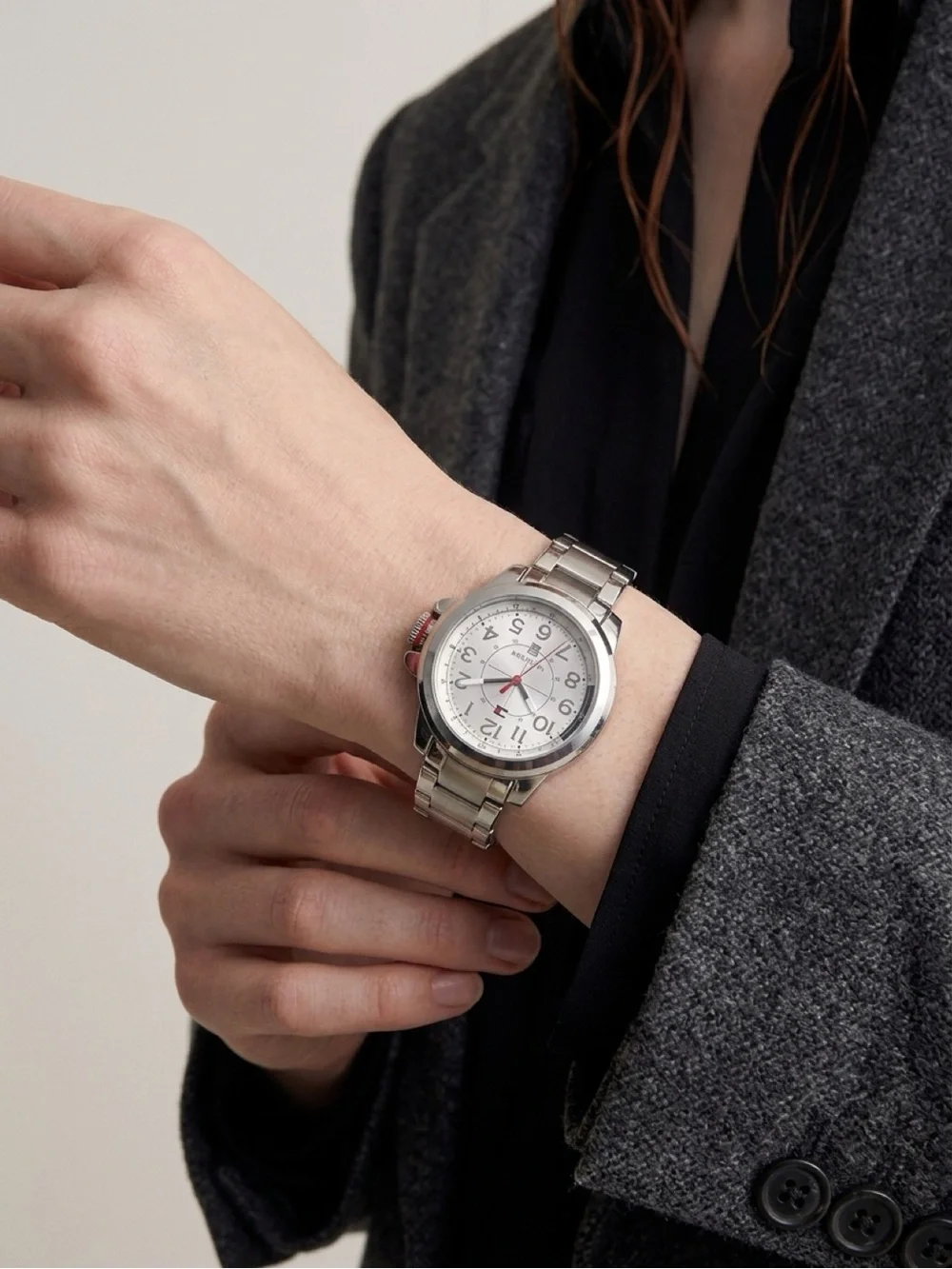 Tommy Hilfiger Silver Stainless Steel Watch with White Dial and Red Accents
